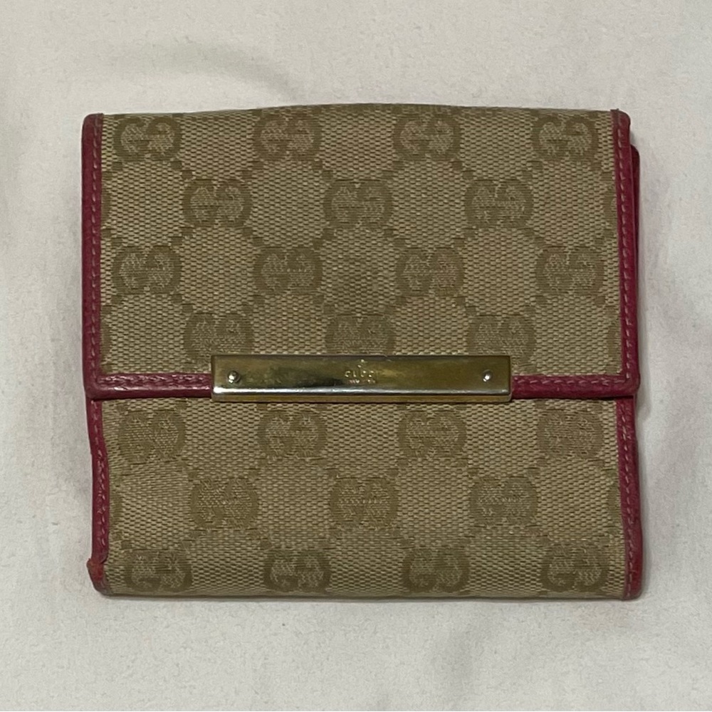 Gucci Authentic Vintage Mono Fabric Compact Wallet, Pink Leather Trim & Interior